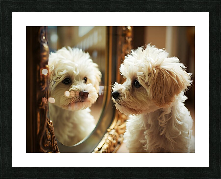 Happy Bichon Frise Puppy Wags At His Reflection Picture Frame print