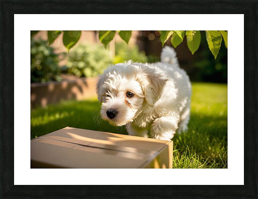 Bichon Frise Puppy Discovers Mysterious Garden Box Impression et Cadre photo