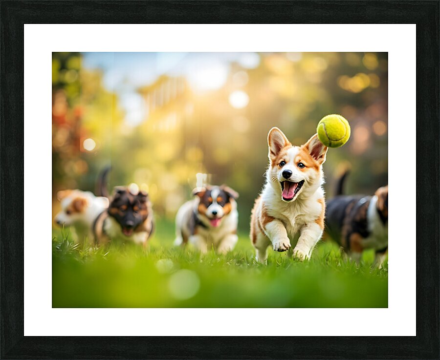 Corgi Puppy Spots Tennis Ball In Garden Impression et Cadre photo