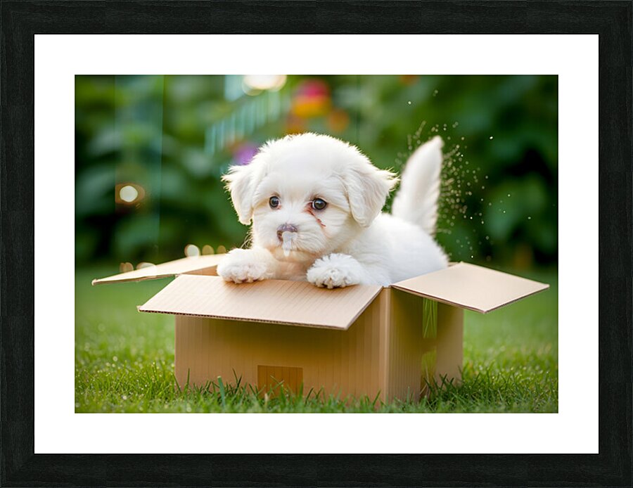 Happy Bichon Frise Puppy With Discovered Toy Treasures Picture Frame print