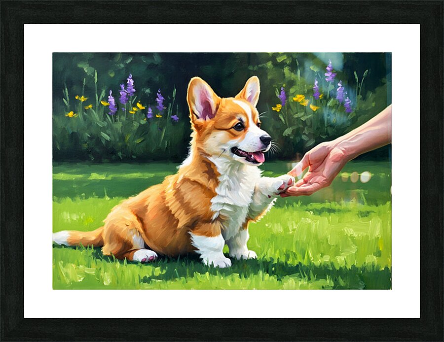 Pembroke Welsh Corgi Puppy Discovers New Hand Game Picture Frame print