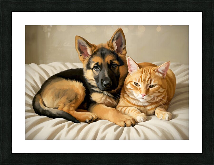 German Shepherd Puppy Snuggles With Cat Friend Impression et Cadre photo