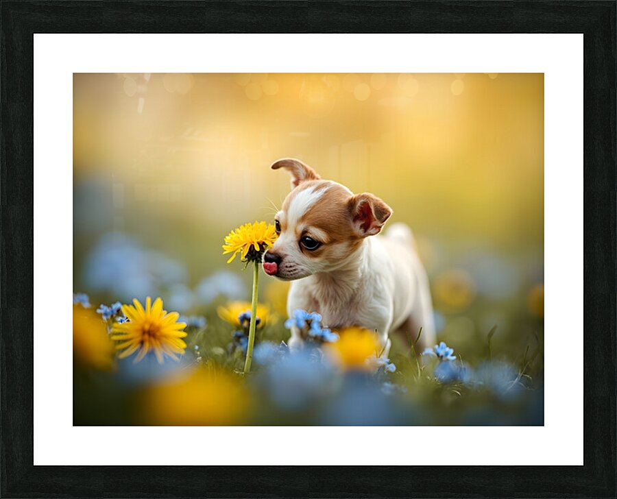 Happy Chihuahua Puppy After Sniffing Dandelion Impression et Cadre photo
