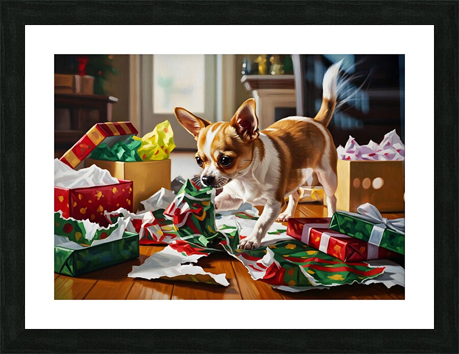 Chihuahua Puppy Discovers Christmas Morning Surprises Impression et Cadre photo