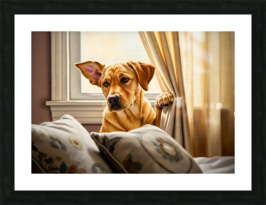 Curious Labrador Puppy Peeking Behind White Curtains Picture Frame print
