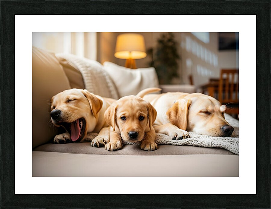 Golden Puppy Finds Spot On Crowded Couch Picture Frame print