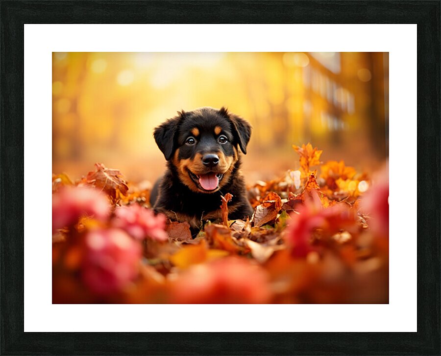 Tired Rottweiler Puppy Rests On Autumn Leaf Bed Picture Frame print