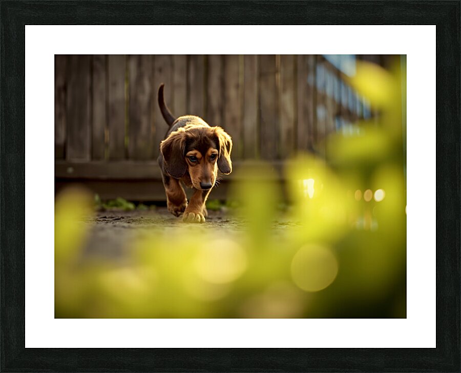 Sleepy Dachshund Puppy Yawns In Garden Picture Frame print