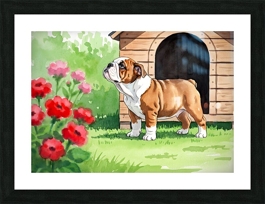 Happy Bulldog Puppy Explores The Garden Confidently Picture Frame print