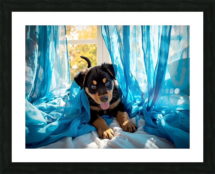 Brave Rottweiler Puppy Sits Confidently By Green Curtains Impression et Cadre photo