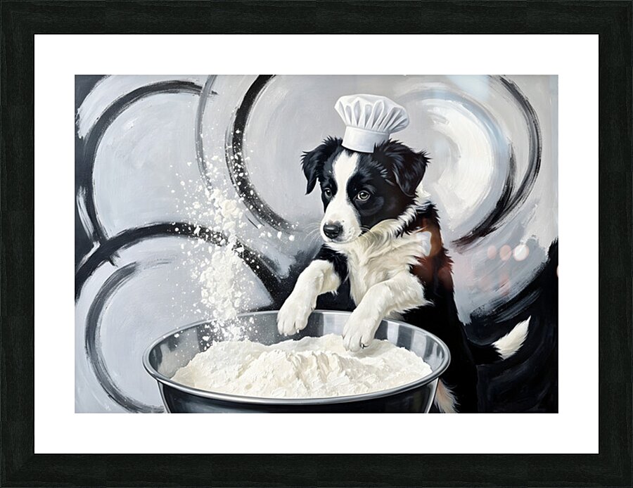 Border Collie Puppys First Cooking Adventure Picture Frame print