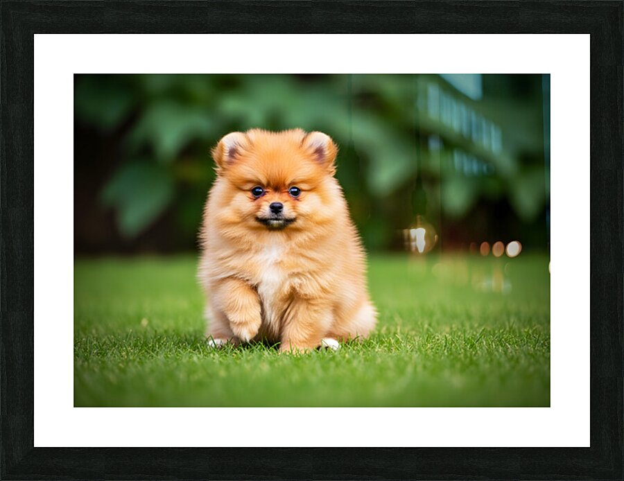 Pomeranian Puppy Sees Extended Hand Picture Frame print