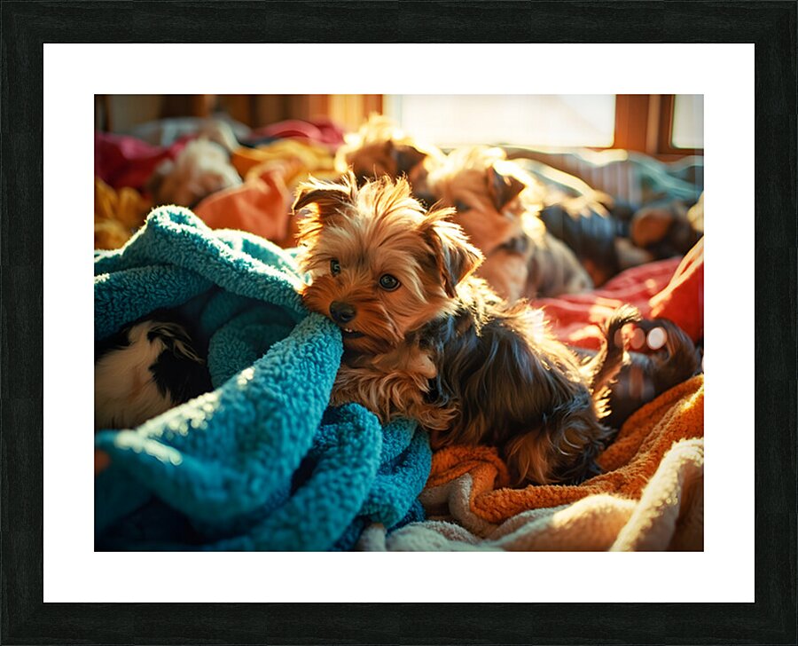 Yorkshire Terrier Puppy Discovers Blanket Mountain Picture Frame print