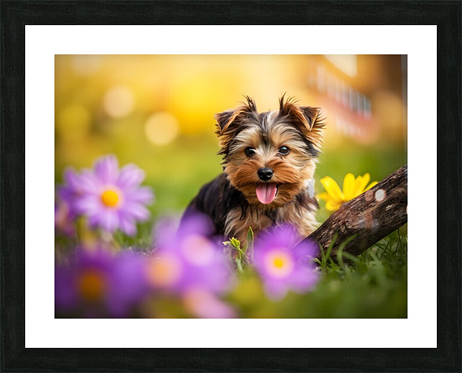 Yorkshire Terrier Puppy Finds Big Stick Adventure Picture Frame print