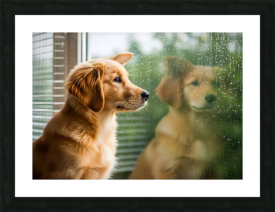 Peaceful Golden Retriever Puppy Rests By Rainy Window Picture Frame print