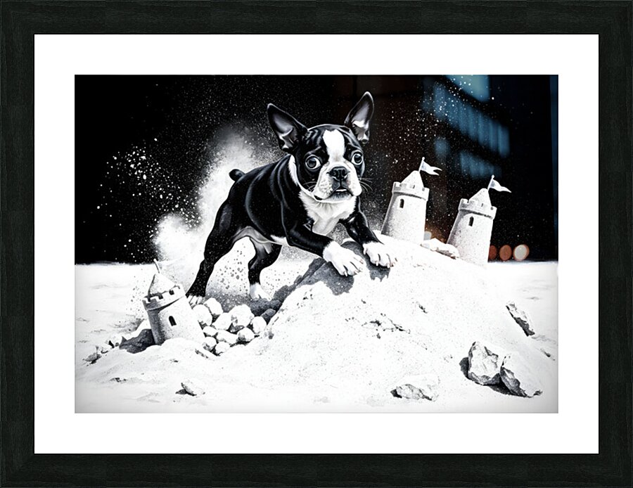 Boston Terrier Puppy Happy Despite Sandy Mess Picture Frame print