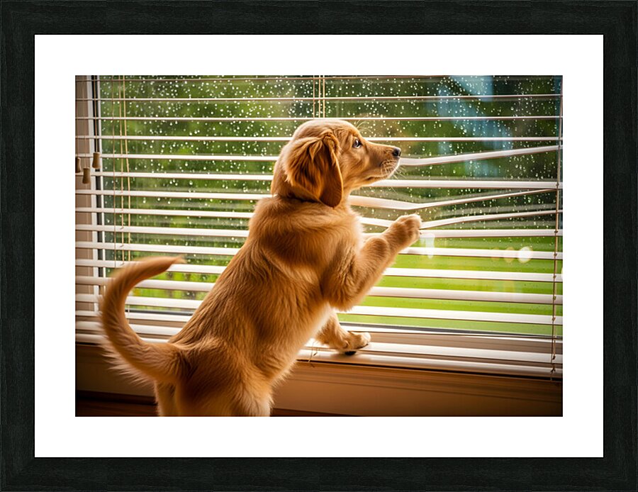 Golden Retriever Puppy Watches Rain Through Window Impression et Cadre photo