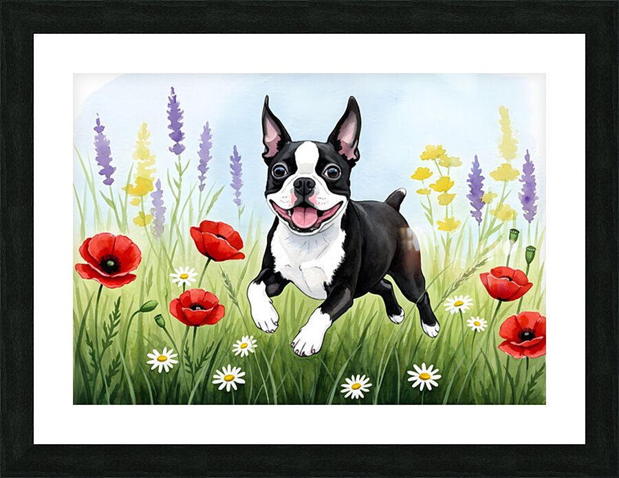 Boston Terrier Puppy Discovers Wildflower Meadow Impression et Cadre photo