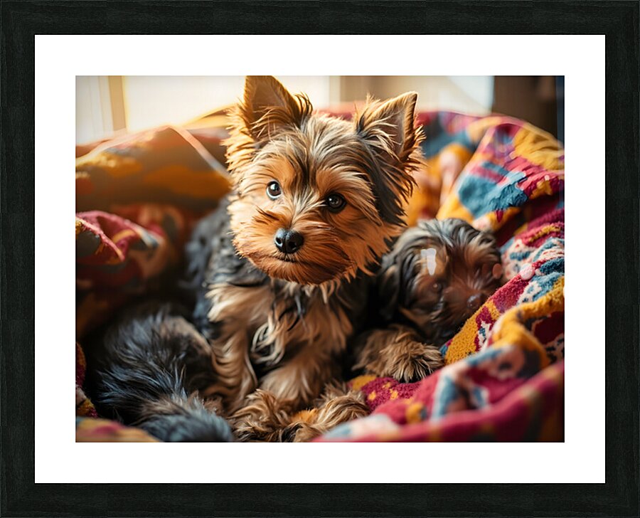 Yorkshire Terrier Puppy Sleeps Peacefully In Blankets Picture Frame print