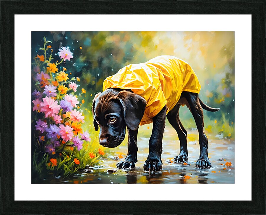 Happy Puppy Rests On Porch After Rainy Walk Picture Frame print