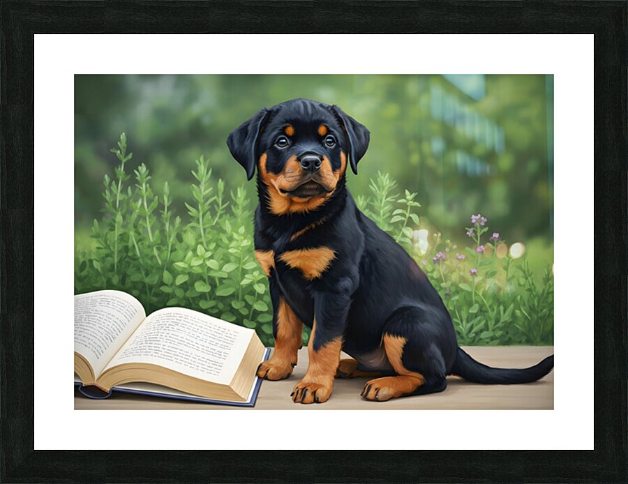 Determined Rottweiler Puppy Ready To Resume Reading Picture Frame print