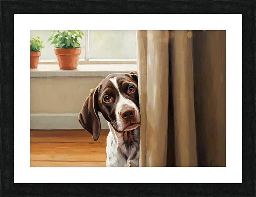 Happy Puppy Emerging From Curtain Hideout Picture Frame print