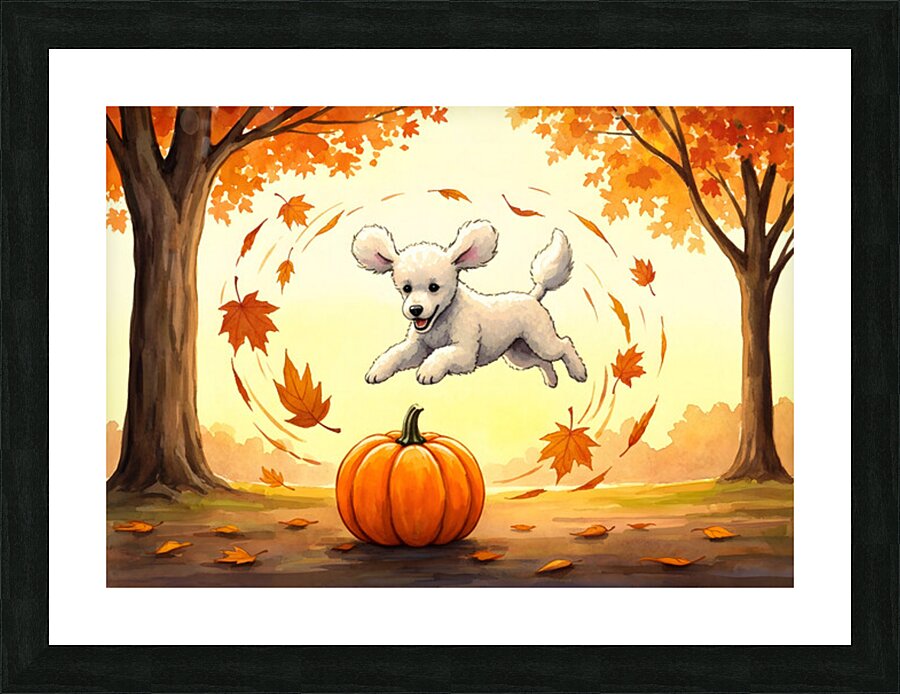Poodle Puppy Rests After Pumpkin Patch Adventure Picture Frame print