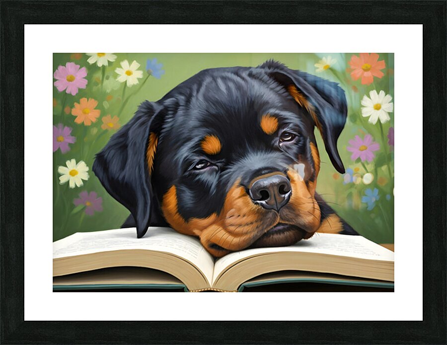 Sleepy Rottweiler Puppy Dreams Over Open Book Impression et Cadre photo
