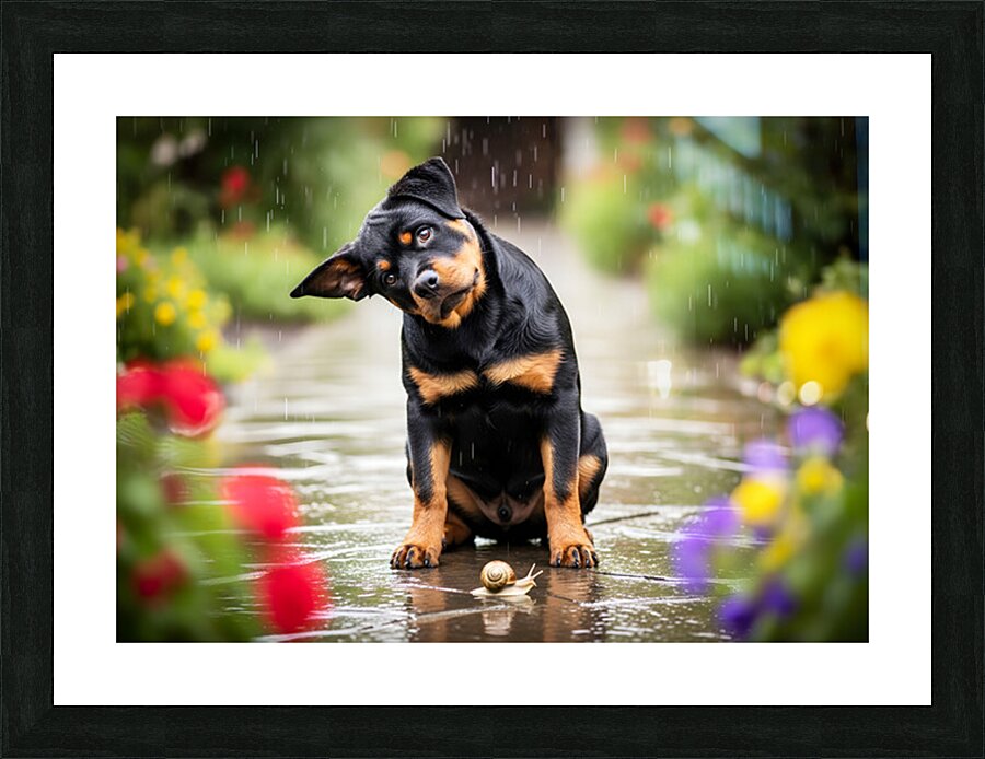 Happy Puppy Walks Away From Peaceful Garden Encounter Picture Frame print