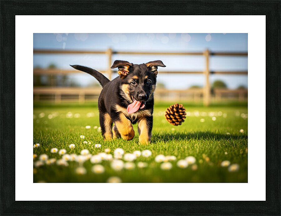 German Shepherd Puppy Watches Pinecone Soar Through Air Picture Frame print