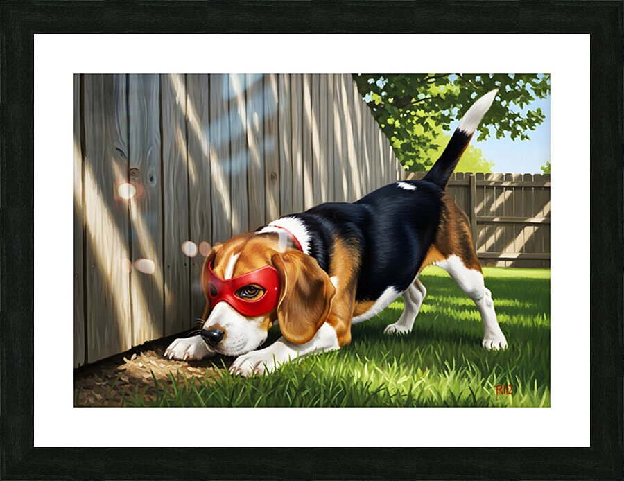 Beagle Puppy Discovers His Superhero Mask Impression et Cadre photo