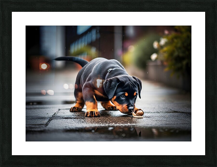 Rottweiler Puppy Discovers Garden Snail On Rainy Day Impression et Cadre photo