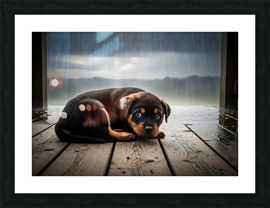 Rottweiler Puppy Seeks Shelter From Heavy Rain Picture Frame print
