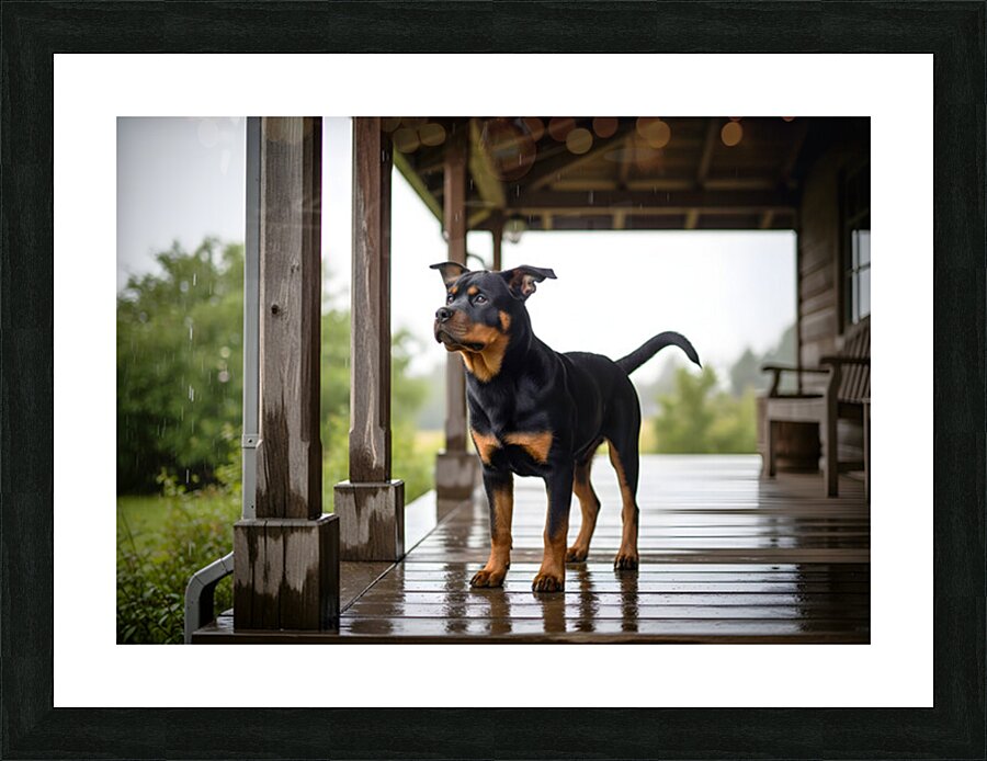 Joyful Rottweiler Puppy Wags Tail Under Porch Impression et Cadre photo