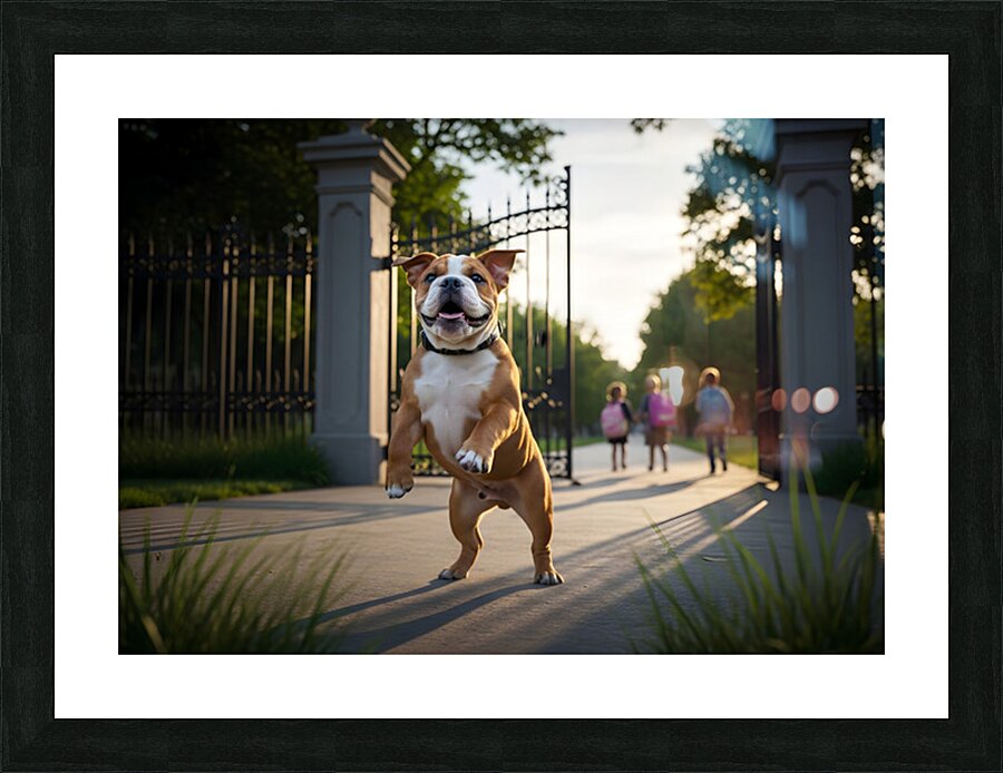 Bulldog Puppy Jumps With Joy At School Gate Impression et Cadre photo