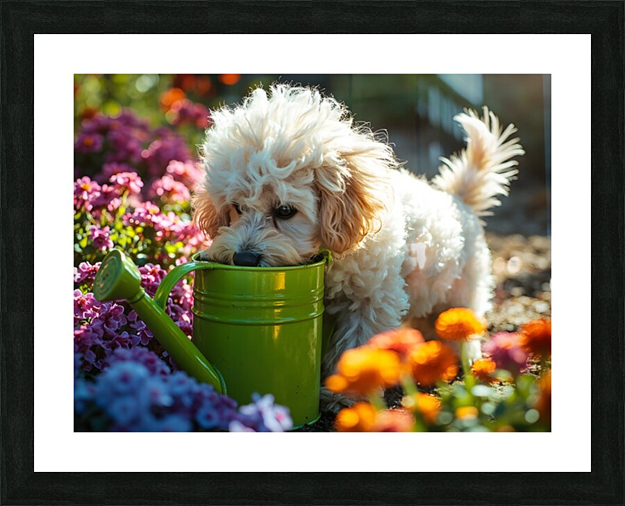Free Poodle Puppy Sits By Overturned Watering Can Picture Frame print