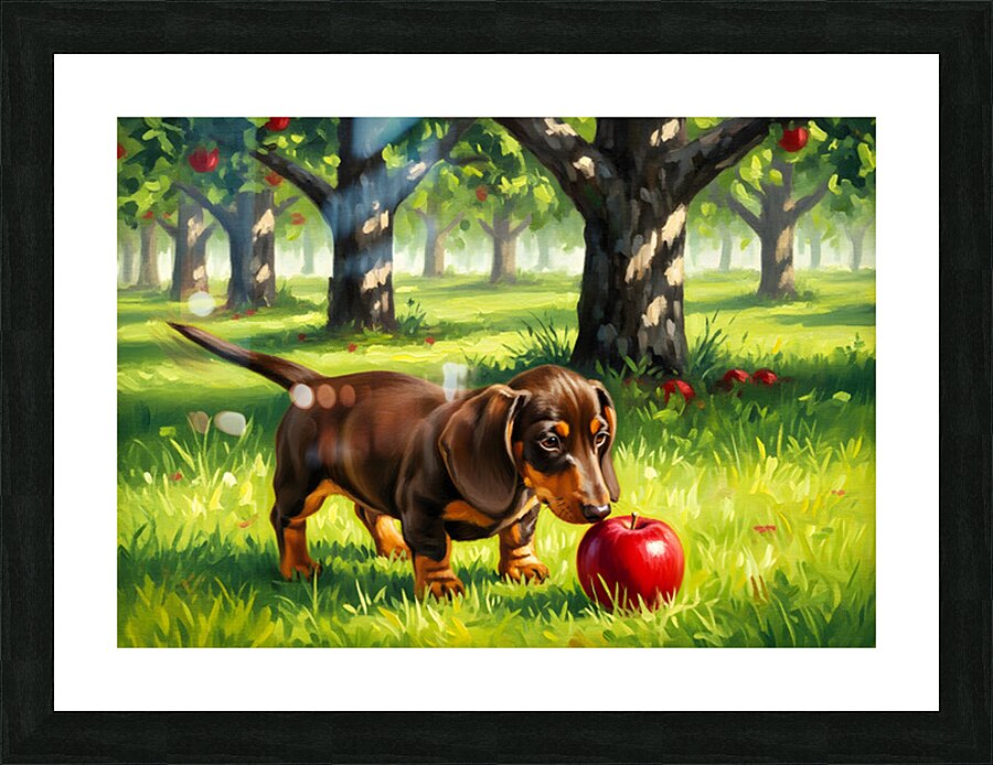 Happy Puppy Enjoys Apple Treat Picture Frame print