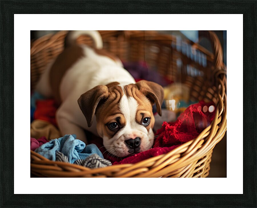 Bulldog Puppy Discovers The Laundry Basket Impression et Cadre photo