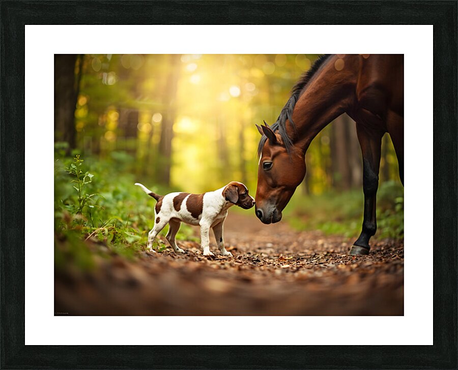 German Shorthaired Pointer Puppy Befriends Trail Horse Picture Frame print