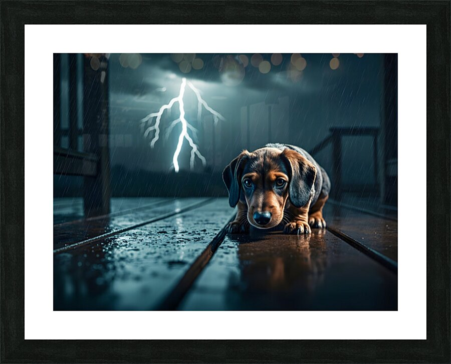 Dachshund Puppy Watches Storm From Covered Porch Picture Frame print