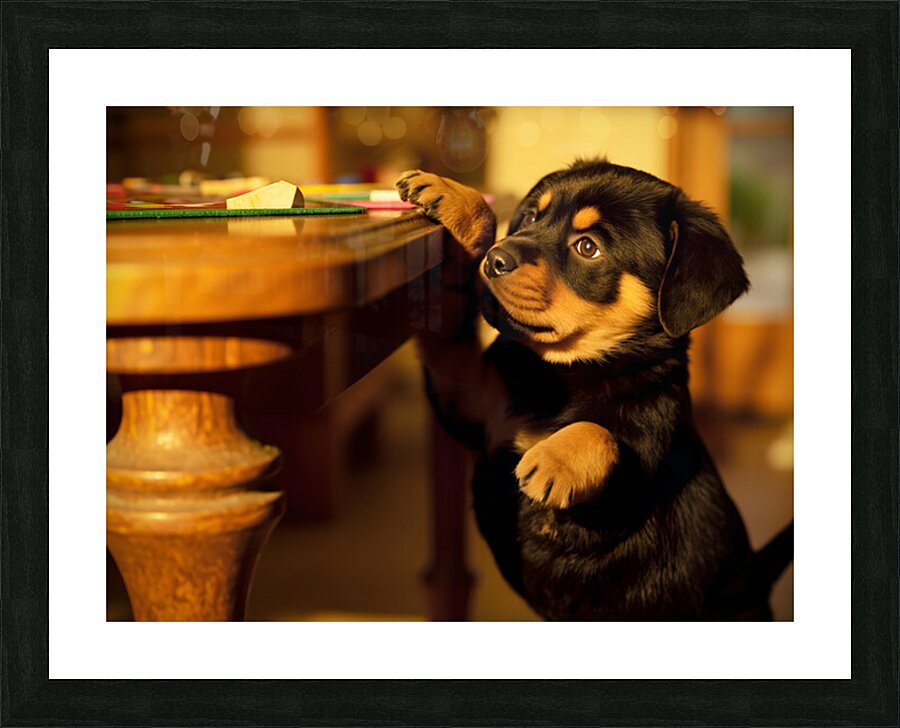 Rottweiler Puppy Discovers Family Game Night Picture Frame print