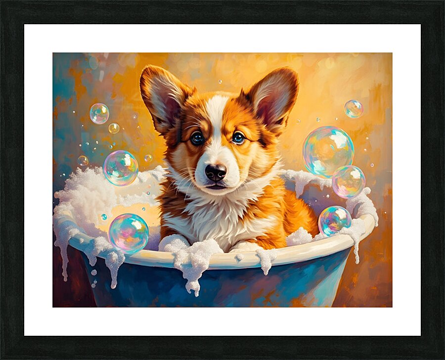 Happy Corgi Puppy Enjoys Bath Time Fun Picture Frame print