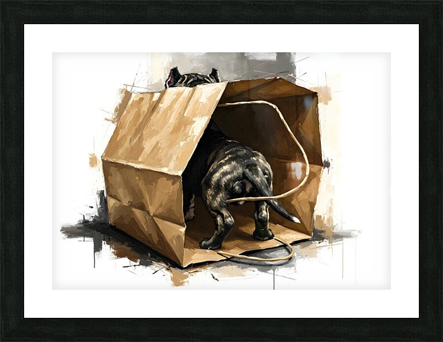Happy Cane Corso Puppy Emerges From Shopping Bag Fun Picture Frame print
