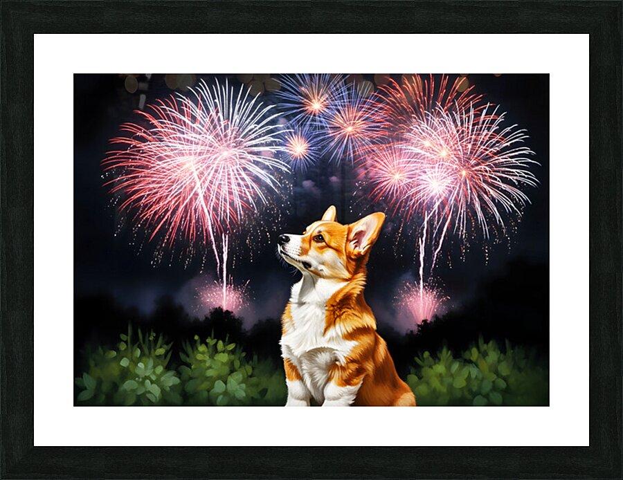 Happy Corgi Puppy Wags Tail After Fireworks End Picture Frame print