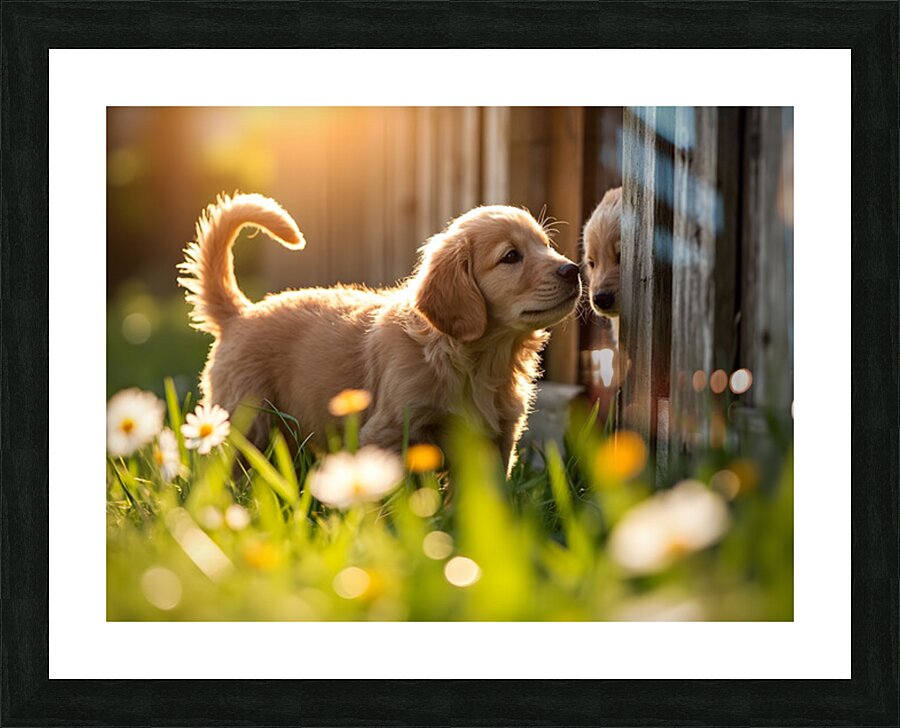 Golden Retriever Puppy Discovers Park Fence Picture Frame print