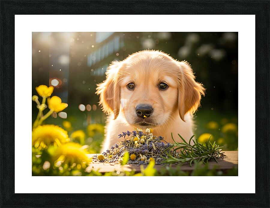 Golden Retriever Puppy Discovers Herb Pile Impression et Cadre photo