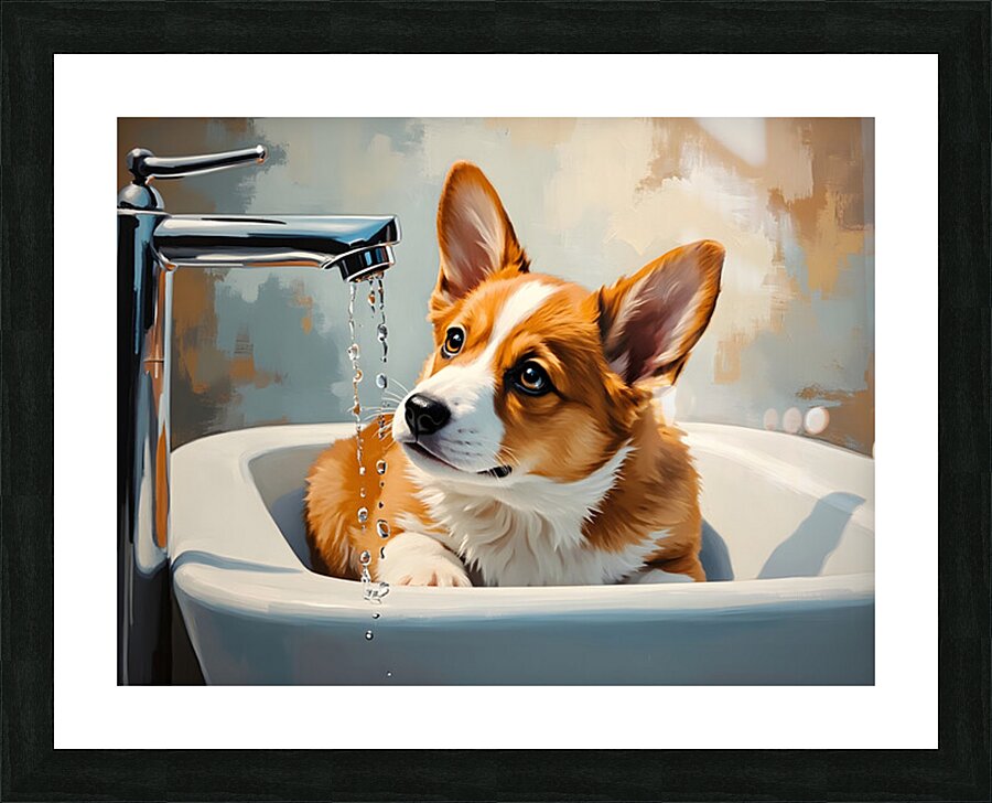 Nervous Corgi Puppy Waits In Bathroom Sink Impression et Cadre photo