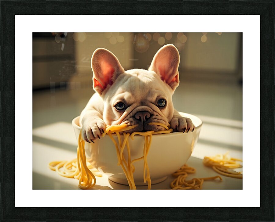French Bulldog Puppy Discovers Spaghetti Bowl Impression et Cadre photo