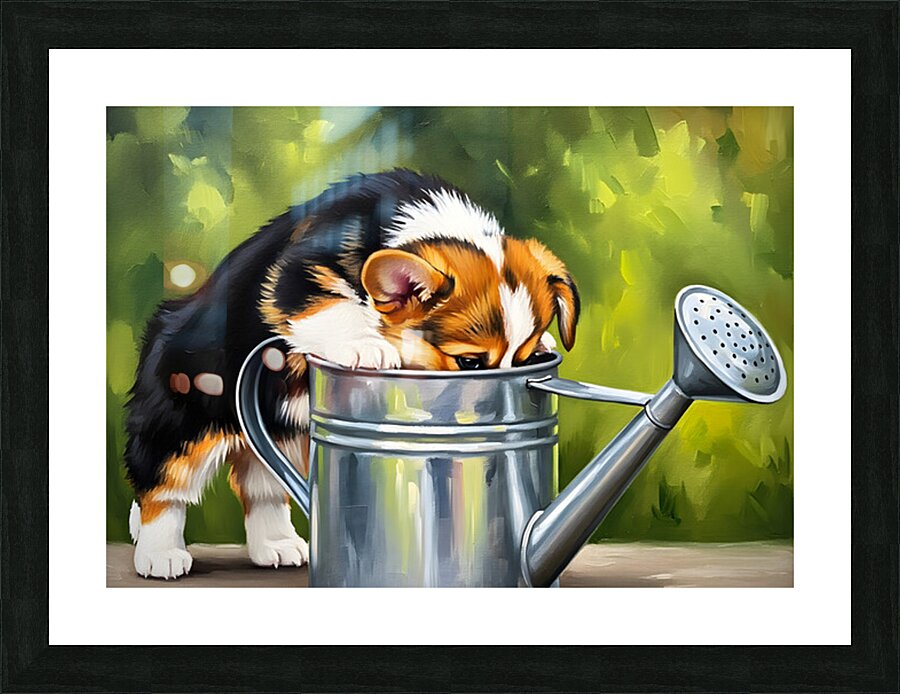 Wet Corgi Puppy Emerges From Watering Can Adventure Picture Frame print
