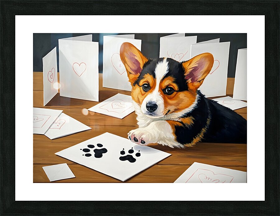 Proud Corgi Puppy Shows Off Signed Cards Collection Picture Frame print